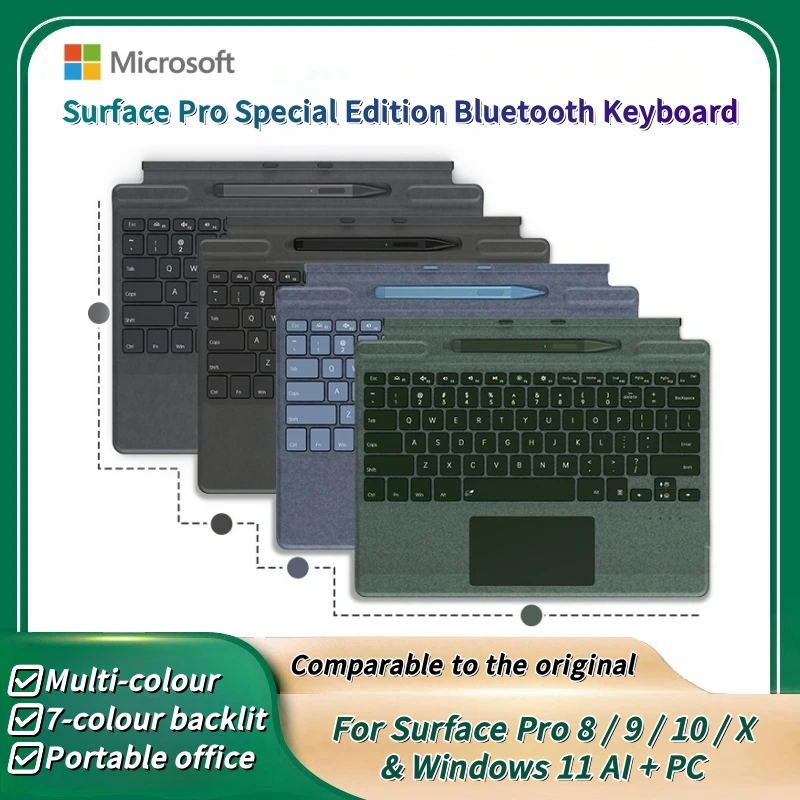 2025 New Color Microsoft Surface Pro 8/9/X/10/11 Bluetooth Magnetic Keyboard with Pen Slot,Touchpad and 7-color Backlit Keyboard