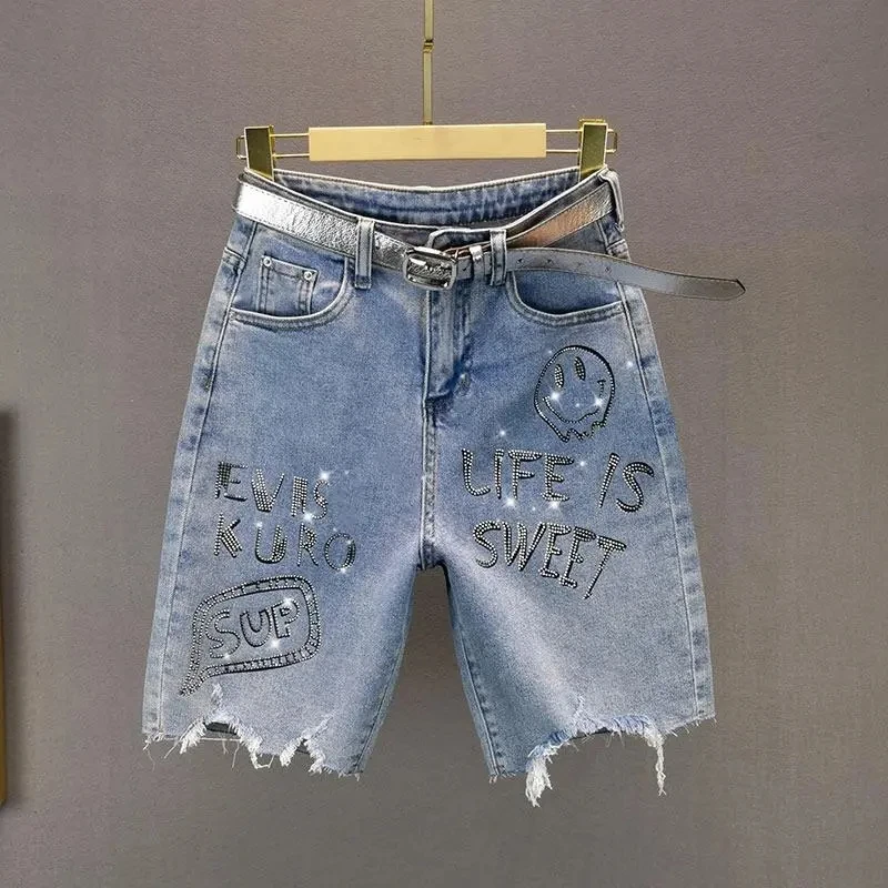 

Blue Denim Five quarter Pants Women's Streetwear 2025 Summer New High waisted Loose Rhinestone Fringed Shorts Casual Jeans