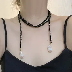 Korean niche design baroque irregular pearl long necklace light luxury high sense black crystal clavicle chain