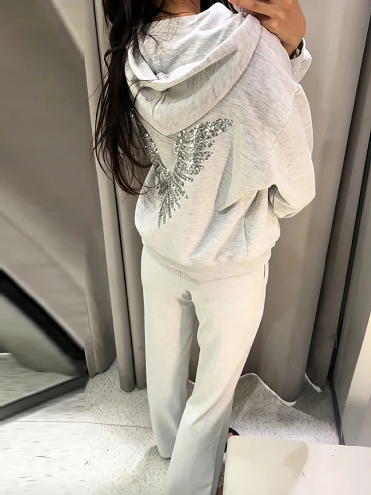 Trend Retro Sequin Angel's Wings Hoodies Chic Loose Zip Up Long Sleeve Pullovers Top 2026 Autumn Lady Casual Daily Streetwear