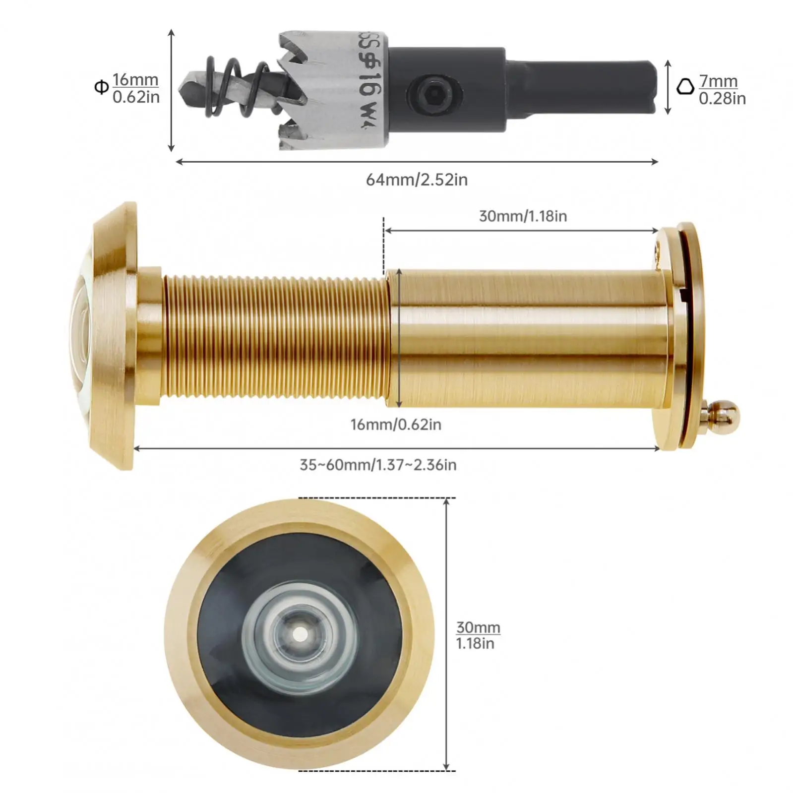 Solid Brass 16mm/0.63inch Door Viewer Peephole Drill Bit Set for 1.33-2.3inch Door Thickness Home with Rotating Privacy Cover