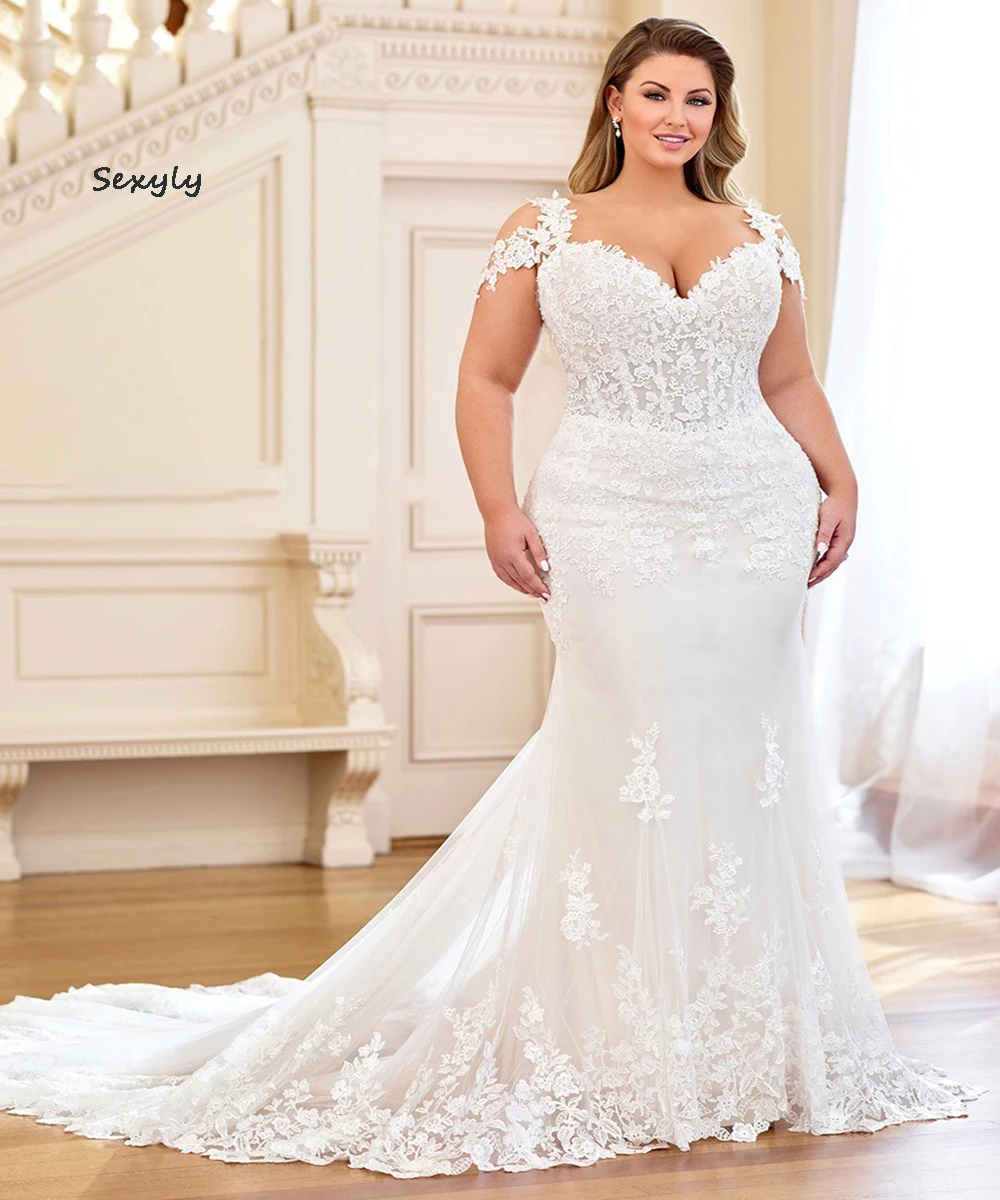 Luxury Mermaid Plus Size Wedding Dress With Cap Sleeves Elegant Appliques Lace Country Bridal Gowns African Bride Customized
