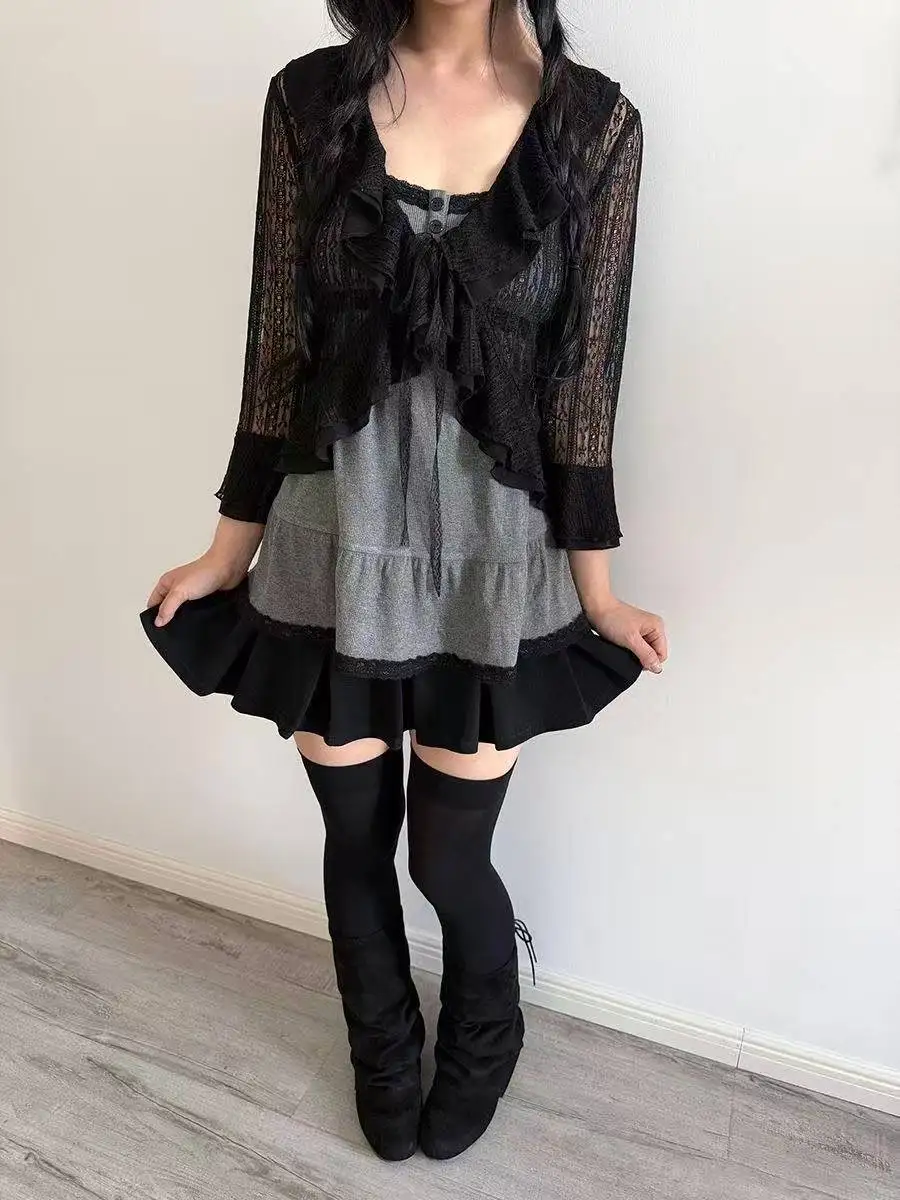 Y2K Gothic Sweet Harajuku 3 Piece Outfit Short Cardigan Slim Fit Vest Mini Skirt Women Vintage Subculture Holiday Matching Suit