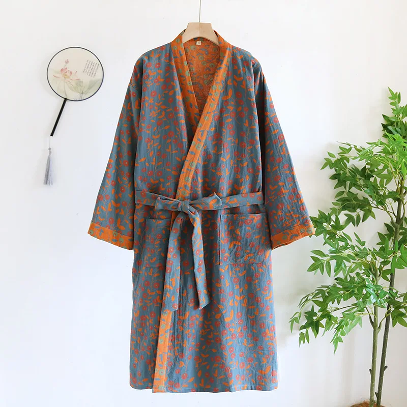 

Pure Cotton Robes For Women 3/4 Sleeve Spring Autumn Bathrobe Female Printed Morning Robes Loose Home Wear Sleep Dressing Gowns