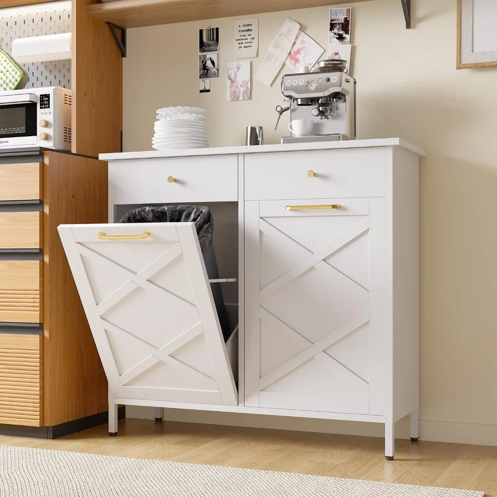 خزانة سلة المهملات المزدوجة المائلة، سلة إعادة تدوير القمامة قائمة بذاتها سعة 20 جالونًا مع درجين، سلة مهملات معدنية مقاومة للكلاب