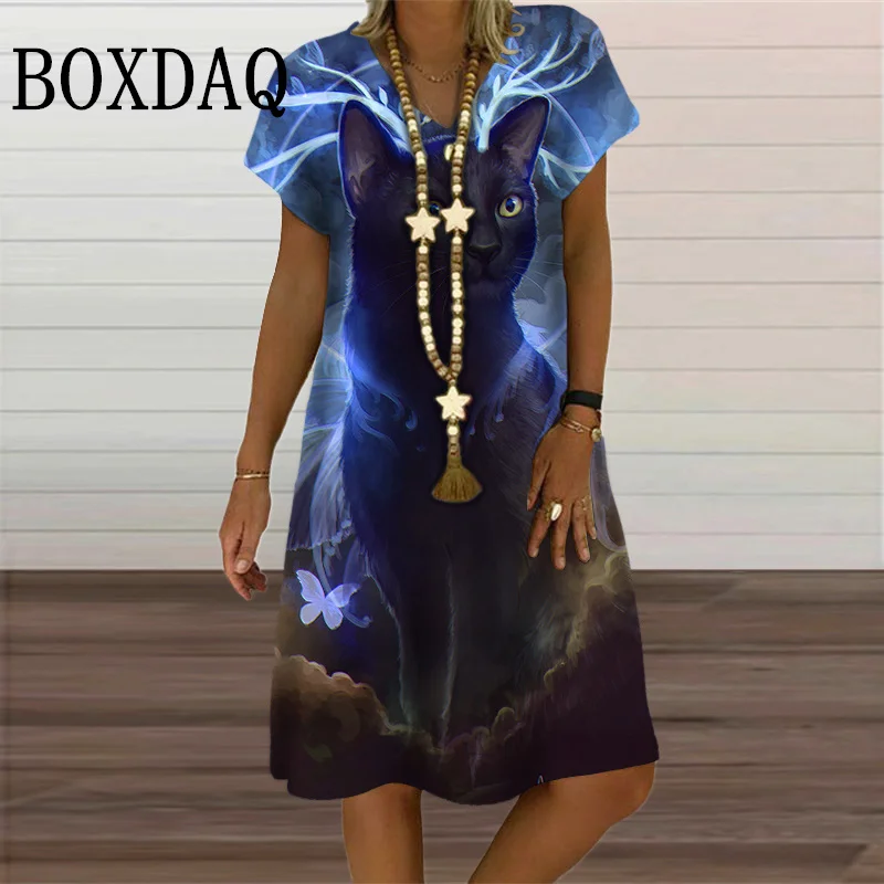 Classic Cat Dresses Women 3D Print Pattern Short Sleeve Dress Summer Fashion Street V-Neck Loose Plus Size Dress Every Day Wear