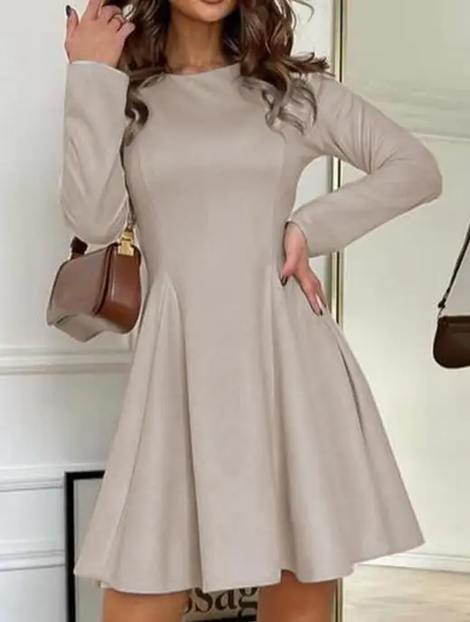

2025 Elegant Temperament Long Sleeved Waist Tied Dress Autumn Women Elegant Round Neck Slim Fit Waist A-Line Long Sleeved Dress