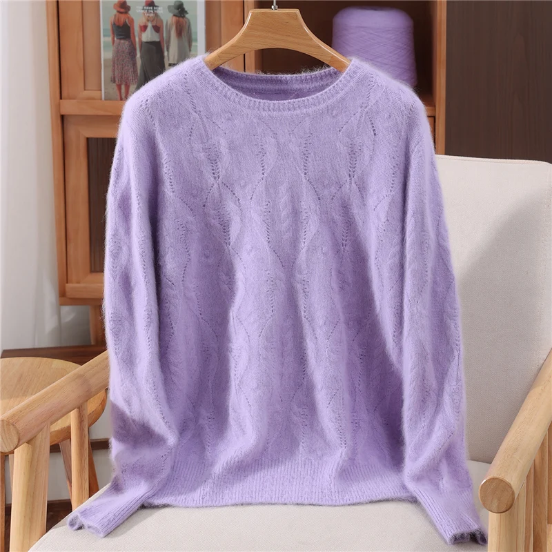 세련된 오 넥 할로우 아웃 스웨터 여성용 풀오버 기본 부드럽고 따뜻한 100% 밍크 캐시미어 퓨어 컬러 캐주얼 루즈 가을 겨울상의