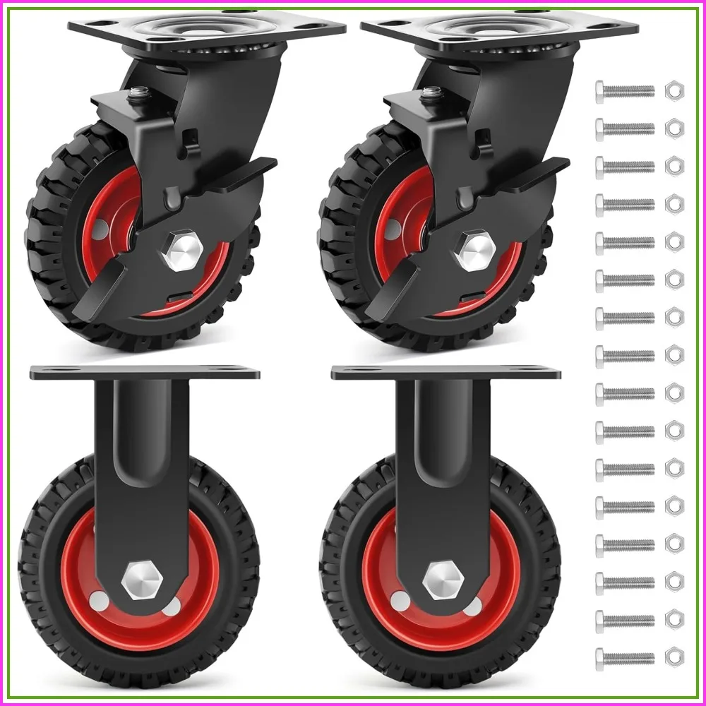 

5 Inch Heavy Duty Casters Set of 4, Solid Rubber Outdoor Wheels, Industrial Grade with Knobby Tread for Cart, Wagon, Chicken Coop (2 Brake & 2 Rigid)