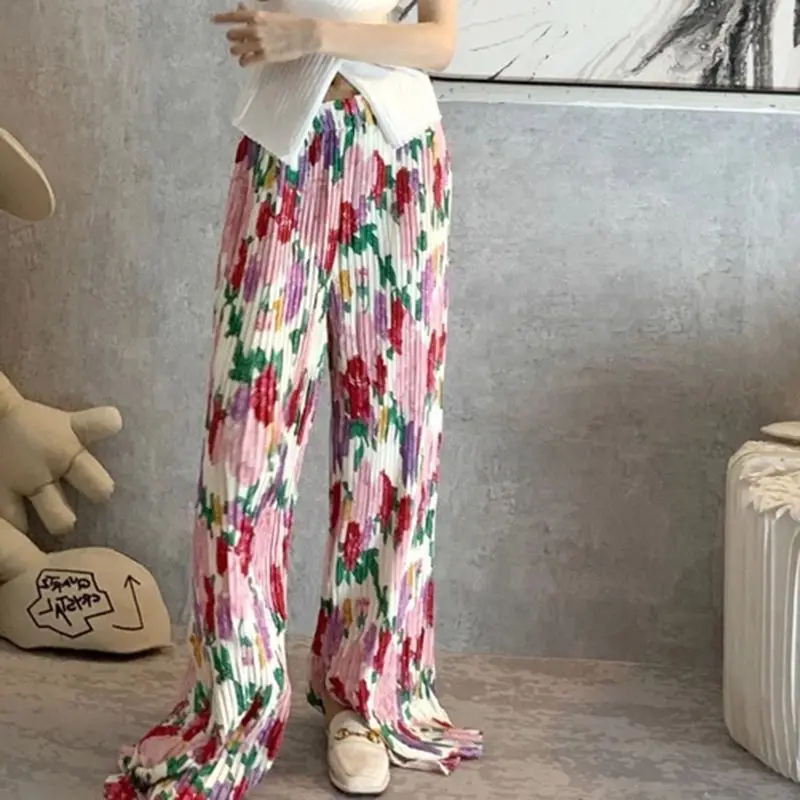 

Casual pants female 2023 Korean temperament pink flower pleated forged elastic elastic waist loose split anti-mosquito mop pants