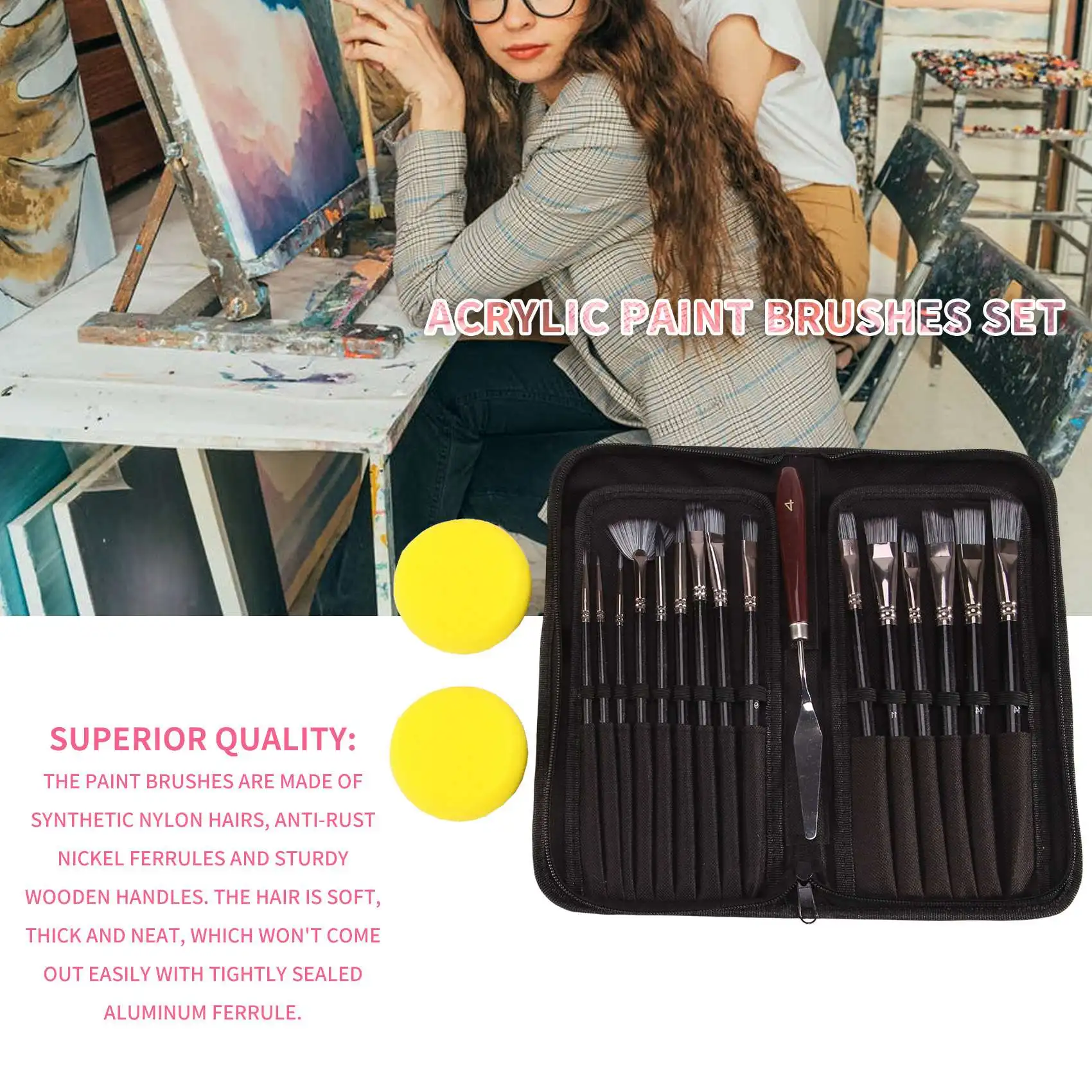 15PCS Acrylic Paint Brushes Set, Acrylic, Watercolor and Gouache Painting Brushes forAmatures and Professional Painter