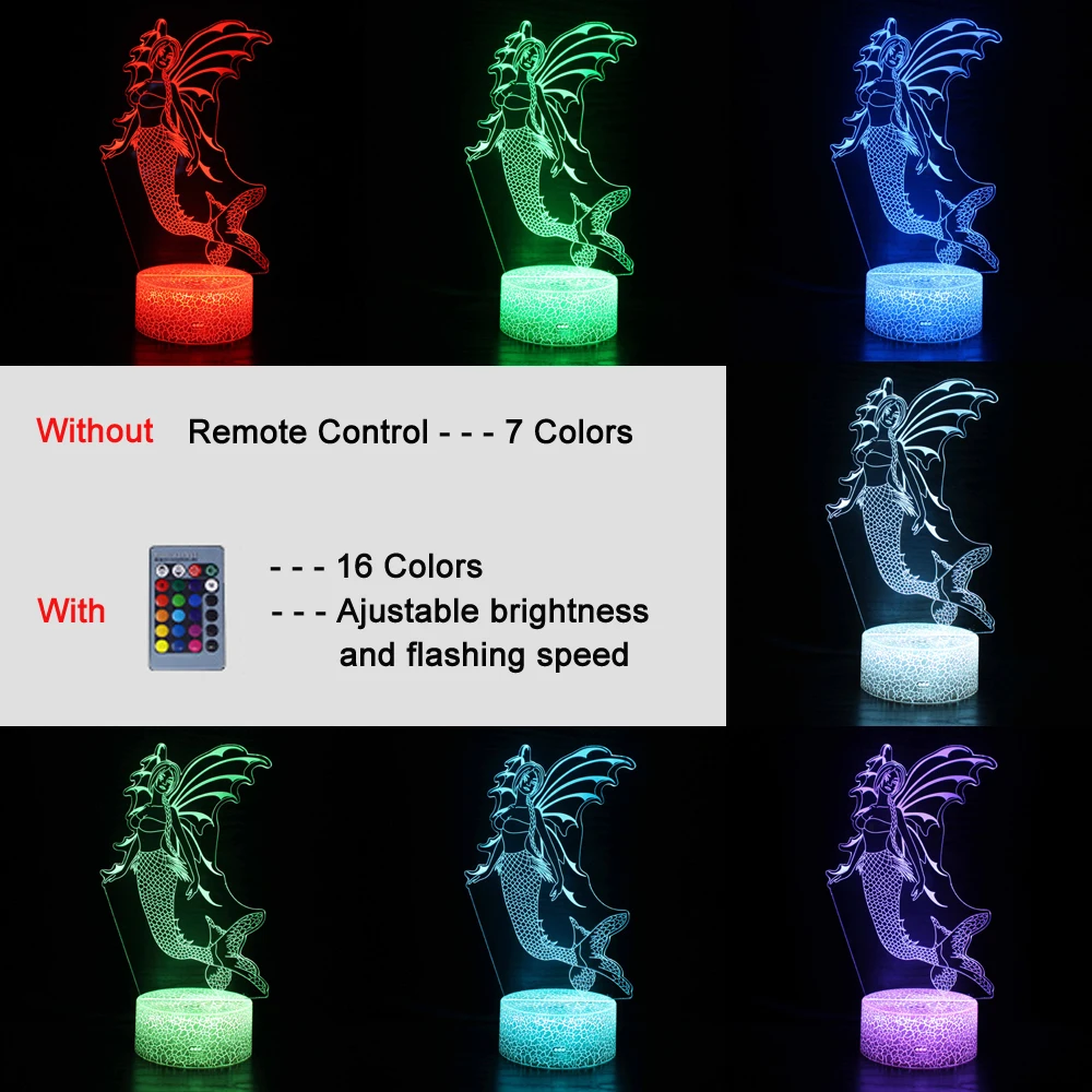 3d Illusion Night Lamp Mermaid Pattern Led Night Light Kids Room Decor Touch Remote Color Changing USB Table Lamp Holiday Gift