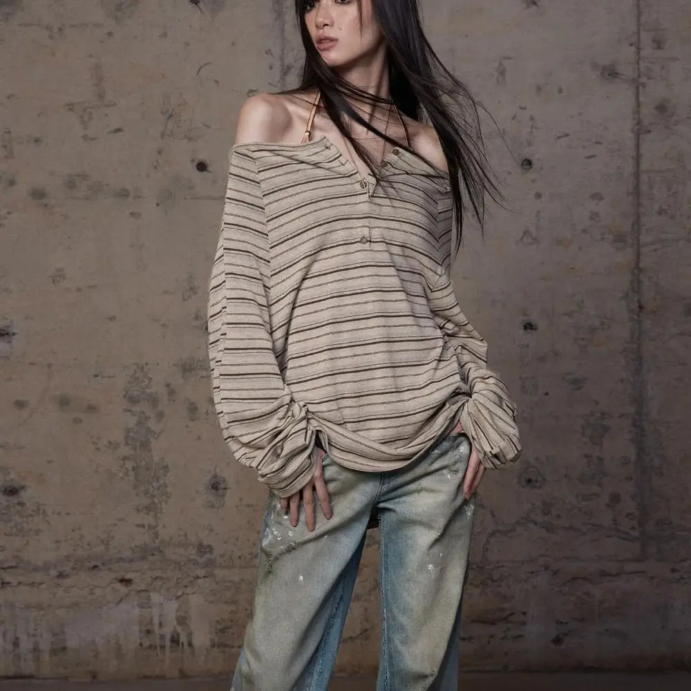 

Милая футболка в полоску с длинными рукавами в стиле ретро, нерегулярный свободный пуловер на пуговицах, шикарные стильные укороченные топы Y2k, женские осенние