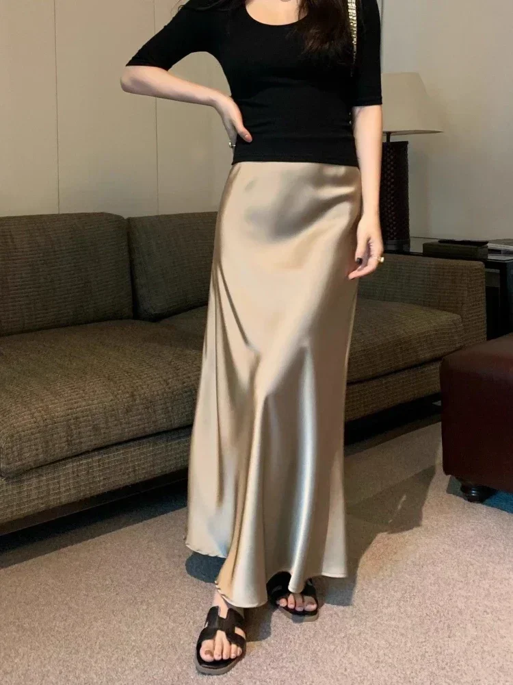 Elegant Silk Slim Satin Midi Skirt High-waisted Long Skirt Women Lady Solid Champagne Black Casual A-line Skirts for Women