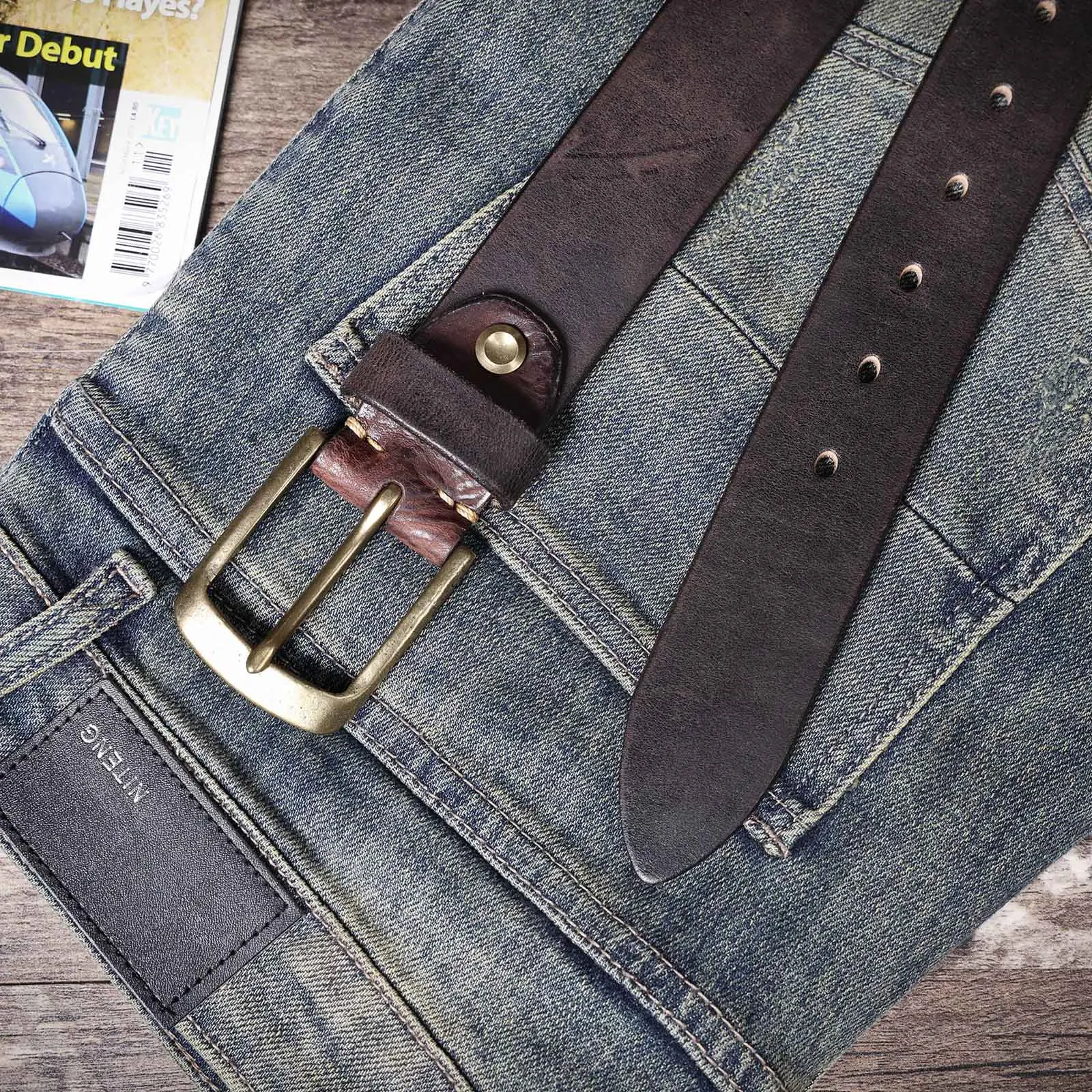 Vintage-Herrengürtel aus echtem Leder mit massiver Messingschnalle, lässiger Dornschließe-Gürtel mit Geschenkbox, verdicktes italienisches Rindsleder – Detail 26