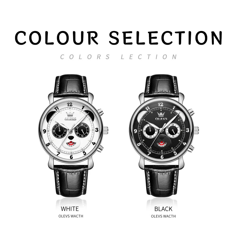OLEVS 3753 New Quartz Wristwatch for Men Panda Eye Dial Waterproof Leather Strap Luminous Sport Chronograph Man Watch Original