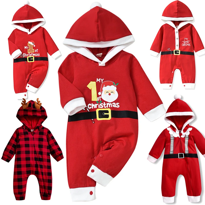 

Newborn Baby Christmas Outfits Clothes Infant Baby Boys Long Sleeve Hooded Letters Print Rompers Christmas Baby onesies 0-1Y