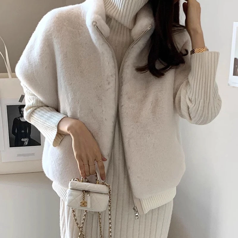 Chic Autumn Winter Vintage Simple Stand Collar Fake  Fur Loose Versatile Zipper Sle Fur Vest Jaet Women