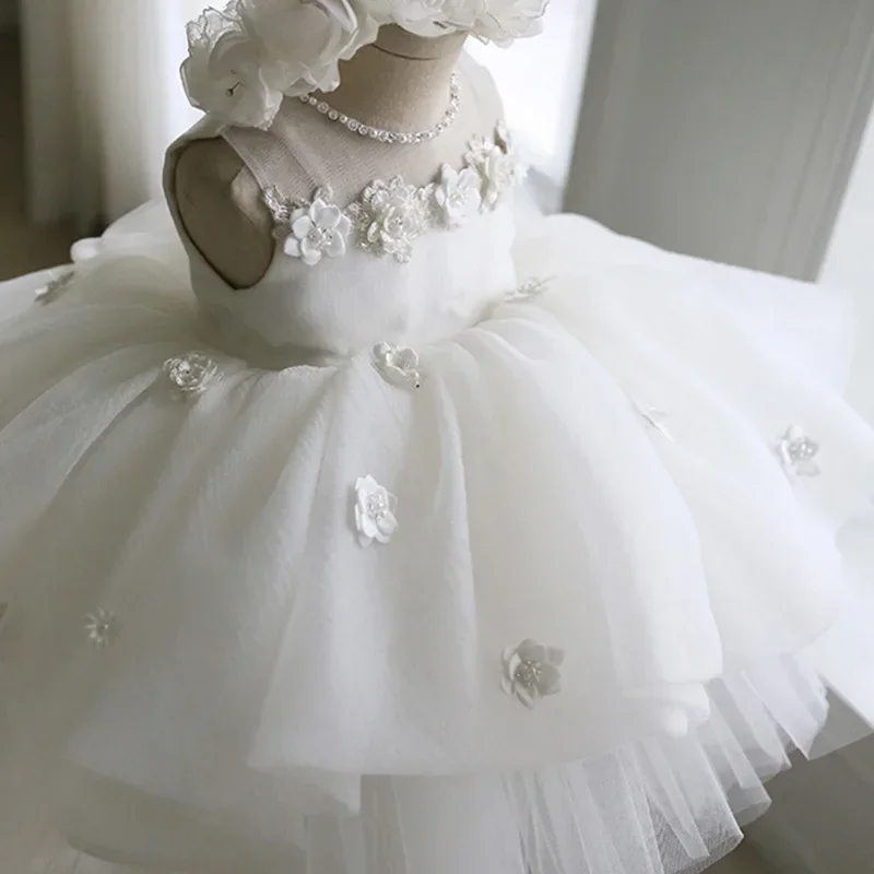 Custom Flower Girl Dress Wedding Gown Birthday Party Dress Sleeveless Floral Decor Layered Tulle Princess Dress Set With Headban
