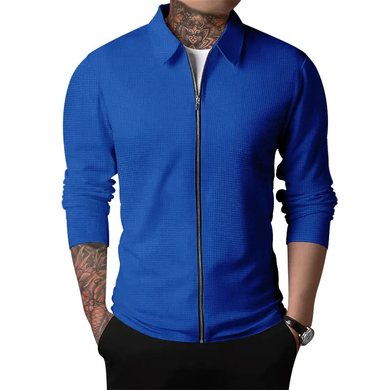 2024Summer Popular Waffle Outdoor Polo Collar Jacket Men's Coat Nick Garment Casual Sports Zipper Cardigan Long Sleeve Coat