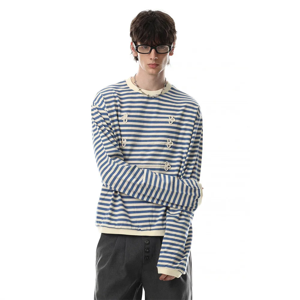 MWJLPWQ Two-Tone Striped Long-Sleeve T-Shirt Men Women Trendy American Style Unique Design Loose Fit Round Neck Top Autumn 17439