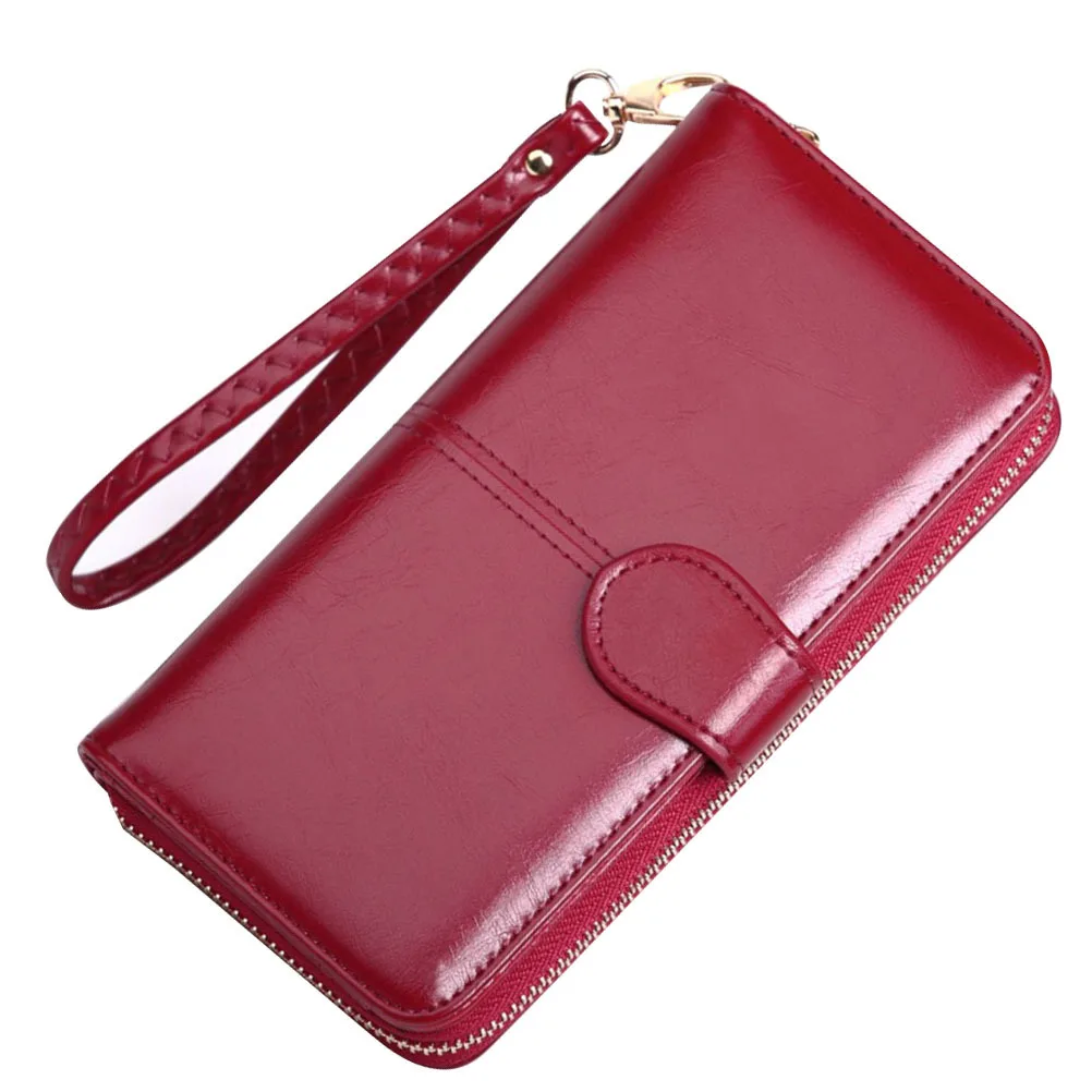 محفظة طويلة من البولي يوريثان، شمع زيت أحمر نبيذي، قفل سريع، محفظة بسحاب، محفظة محمولة للتسوق والعمل المدرسي، محفظة طويلة للنساء #3