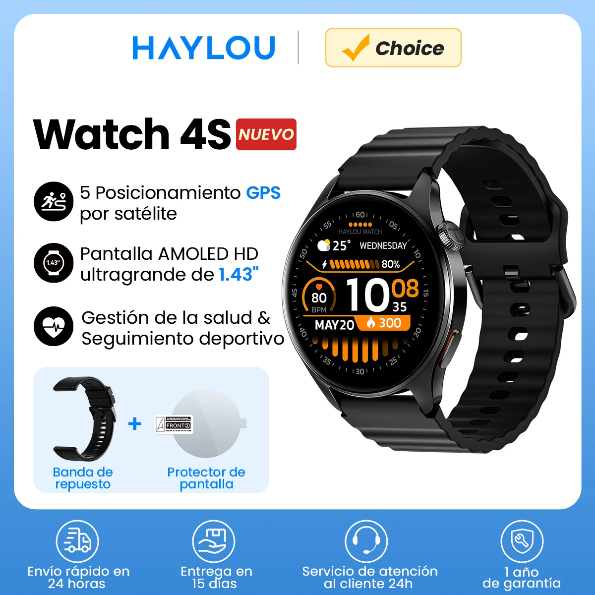 Reloj Inteligente HAYLOU Watch 4S (HF012) con GPS, Pantalla AMOLED HD de 1.43”, Posicionamiento GPS por 5 Satélites, Más de 120 Modos de Entrenamiento, Reloj Deportivo Inteligente