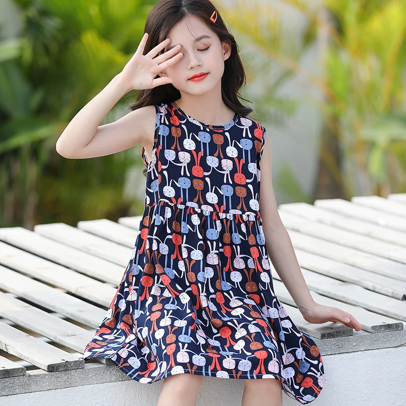 2024 teenager Summer Kids girls floral chiffon sleeveless Dresses Formal Princess Children braces skirt 5 6 7 8 10 11 12 Years