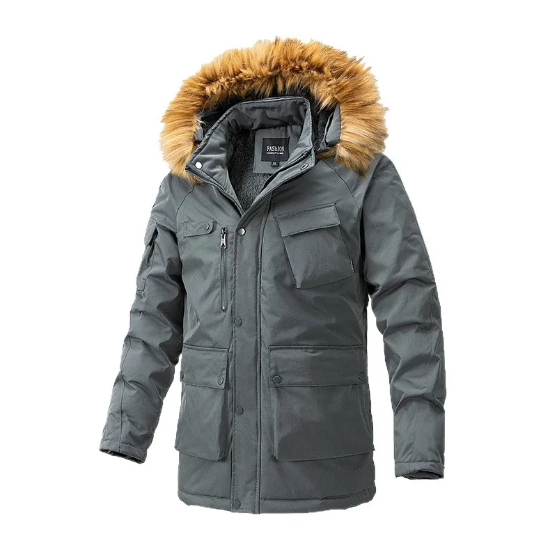 New winter men's hooded, washed, thickened, warm coat with cotton-padded jacket and fleece workwear for warmth