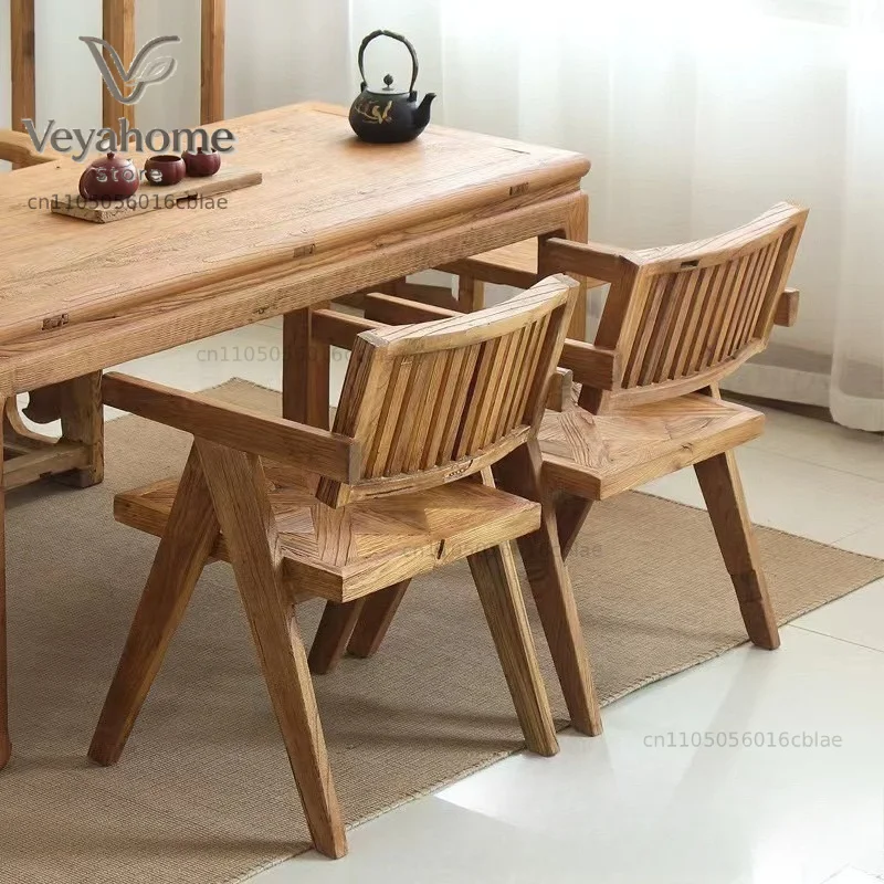 Old Elm BalconyHomestay Cafe Dining Solid Wood Furniture Retro Old Door Panel Back Chair Tea