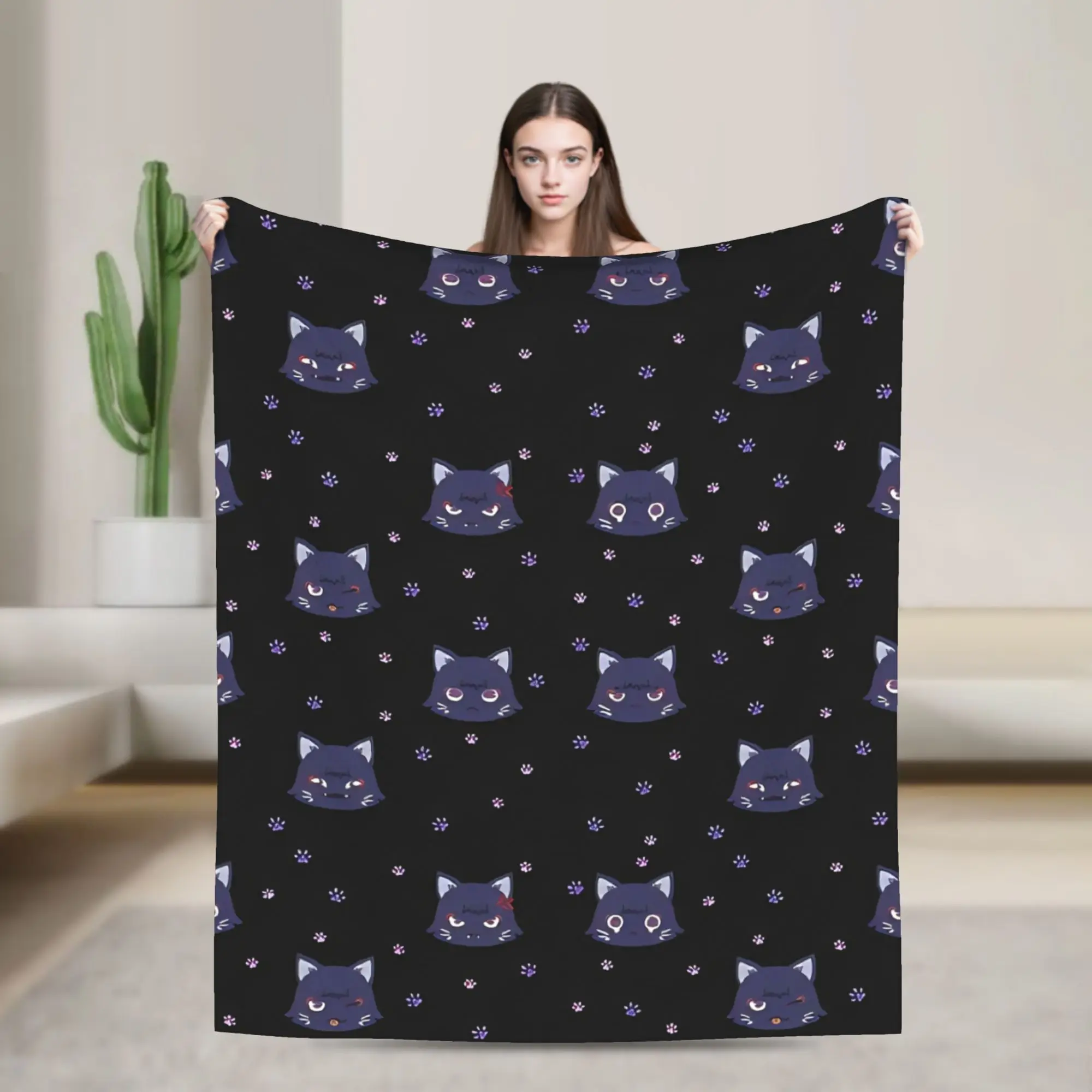 Scarameow Wanderer Wolldecke mit Katzenmuster, Genshin Impact, individuelle Überwurfdecke für Zuhause, Hotel, Sofa, 125 x 100 cm, dünne Plüschdecke
