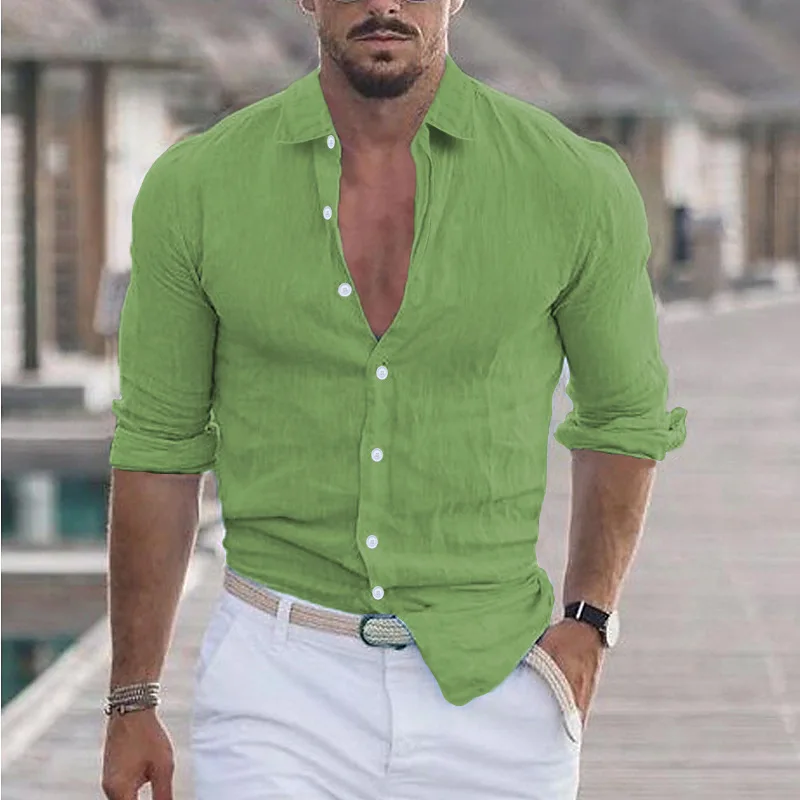 Camisa de playa con solapa de algodón y lino para hombre, manga larga, Color sólido, ropa informal Hawaiana para vacaciones, verano, nuevo