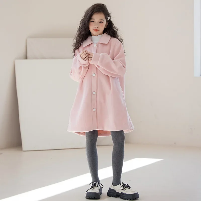 Winter Girls Wool Coat Mid-length Pink Princess Outerwear for Kids Fleece Thick Warm Fashion Teen Children Clothes 10 12 Years