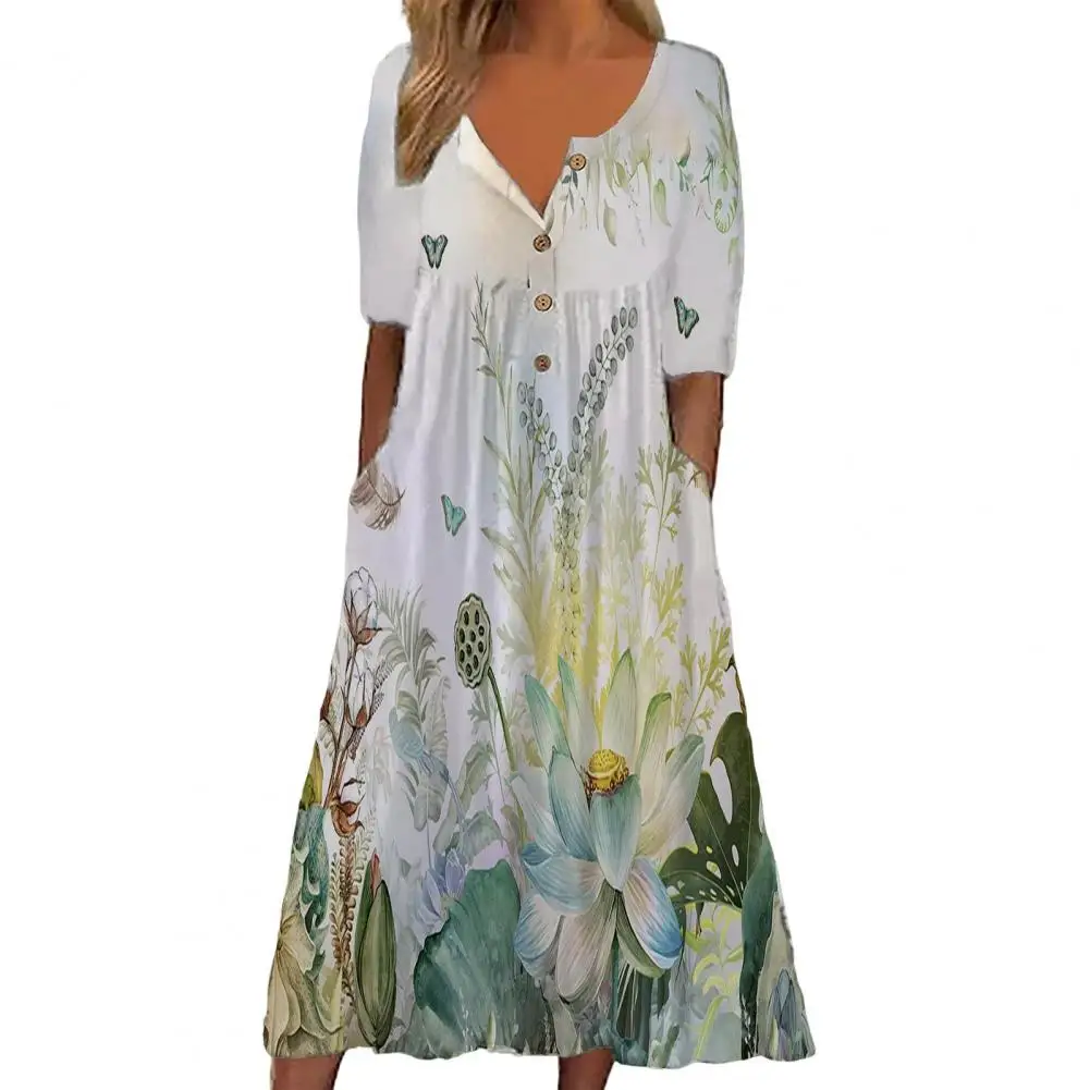 

Soft Fabric Long Dress Floral Print Midi Dress with Pleated Hem Side Pockets for Women A-line Summer Beach Dress with Button