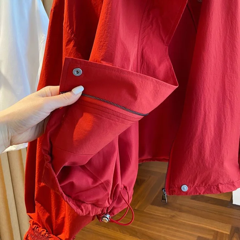 ​ ​ Chaqueta roja con cuello levantado para mujer, ropa de abrigo informal holgada con cremallera y puños con cordón, abrigo corto fino para otoño y primavera ​ ​