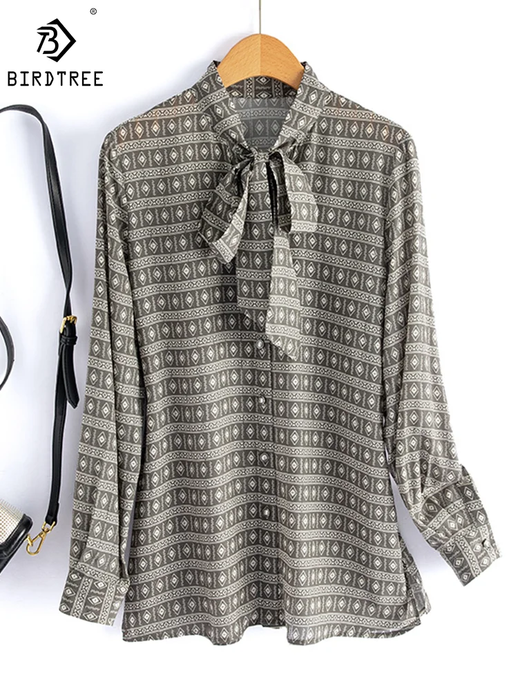 

Birdtree 100%Real Silk Elegant Long Sleeve Shirts Women's Plaid Print Ribbon Bow Fashion Blouses 2024 Spring New Tops T41319QM