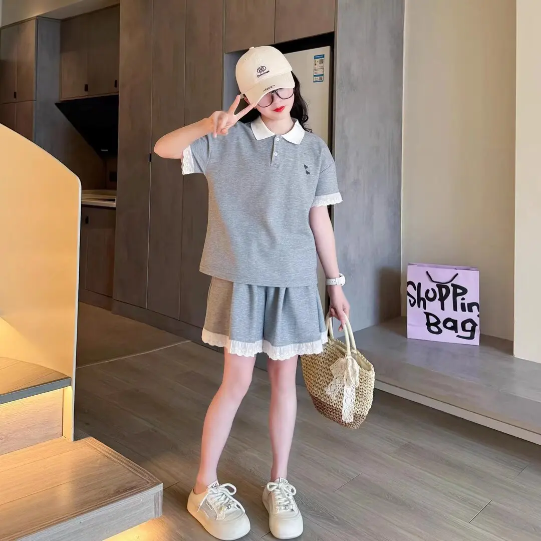 2026 summer girls casual tracksuit short t-shirt top + hot pant teenager children set  5 6 7 8 9 10 11 12 14 year