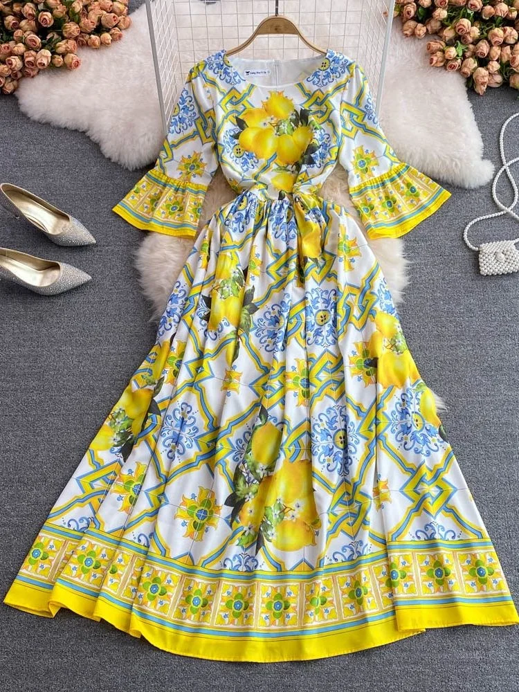 Summer Autumn Runway Robe Maxi Dress Women Bohemian Yellow Lemon Print Blue And White Porcelain Flare Sleeve Long Party Vestidos