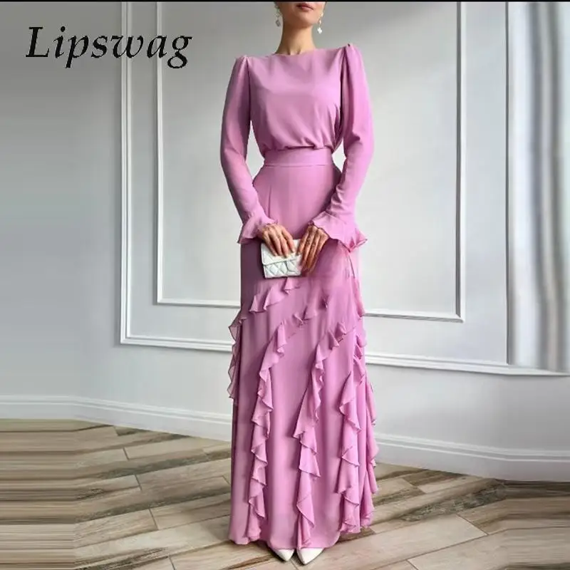 

Fashion O-neck Tops & Long Skirts Outfits Women Casual Long Sleeve Ruffle Solid Slim Suit 2025 Elegant Premium Draped 2Pc Sets