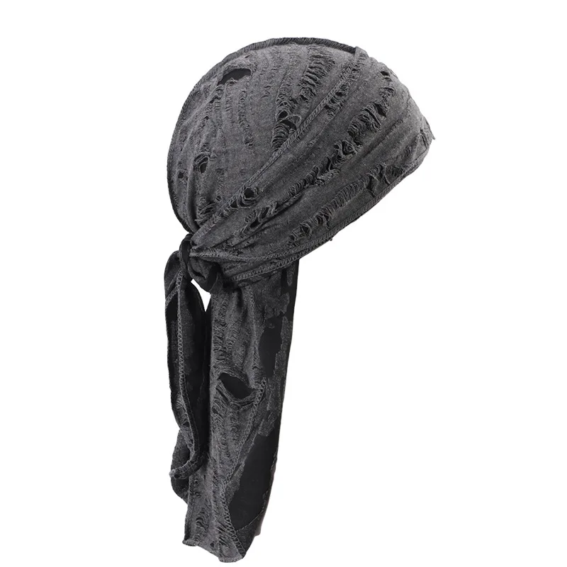 Men's Distressed Street Pirate Style Durag Head Wrap,Breathable Casual Streetwear Bandana with Double Long Tail Strap Pirate Hat image 6