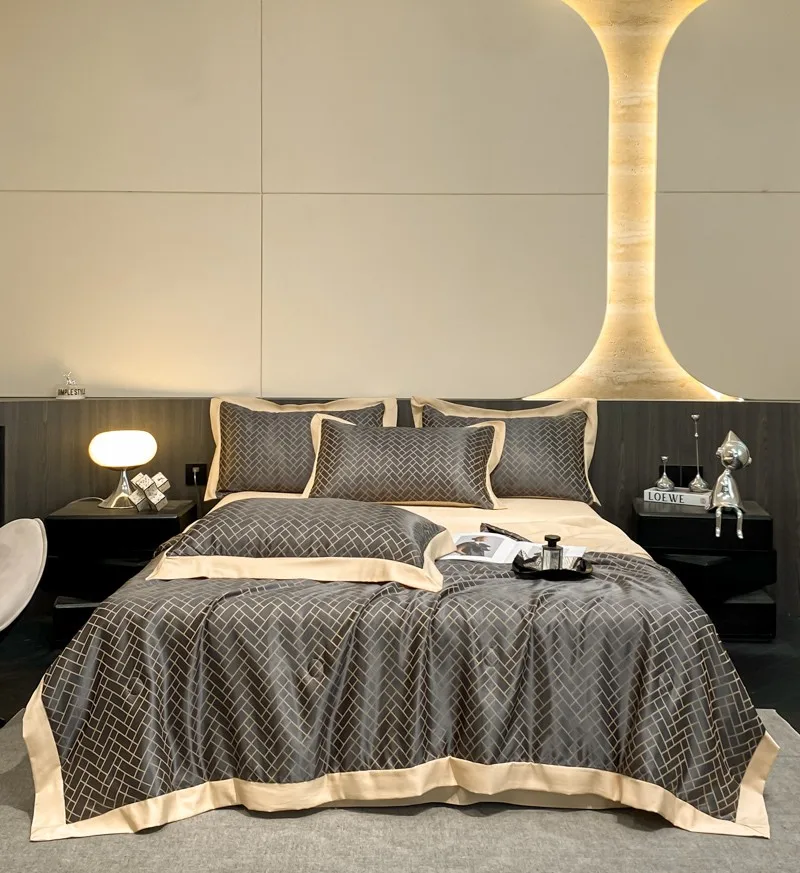 Summer Black Silver Diamond Ice Silk Eucalyptus Lyocell Quilt Set, Cool Washable Quilt Bed Sheet 2 Pillowcases Lightweight