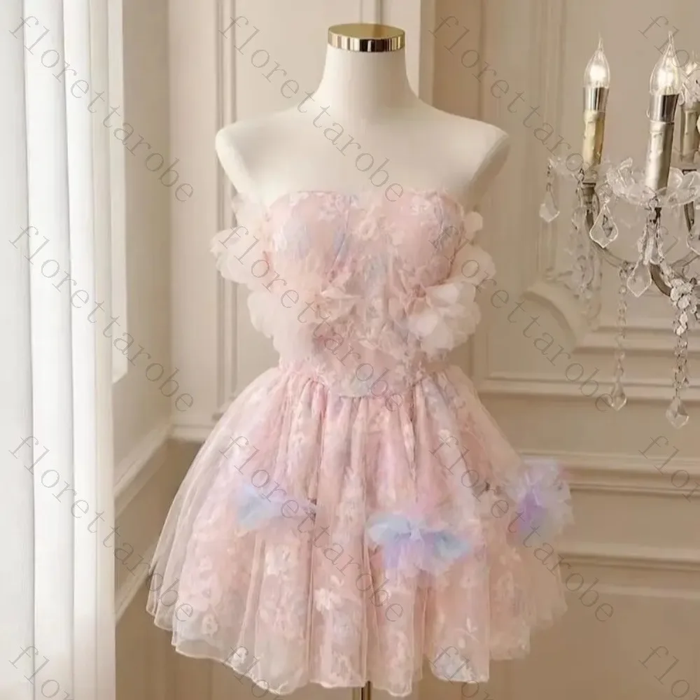 Customized Pink 3d Floral Sleeveless Flower Girl Dress for Wedding Shoulder Strapless Tulle Backless Mini Kids Birthday Gown