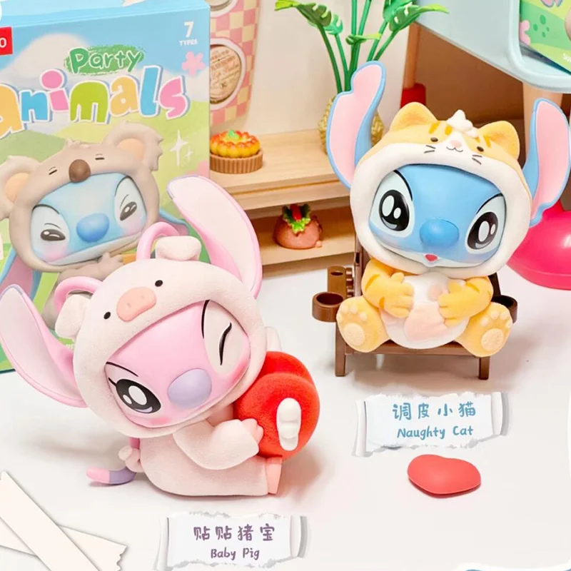 MINISO-Stitch Animal Party Series Blind Box, Action Figure, Decoração de Mesa Kawaii, Surpresa de Aniversário, Caixa Misteriosa, Presente Modelo Toy