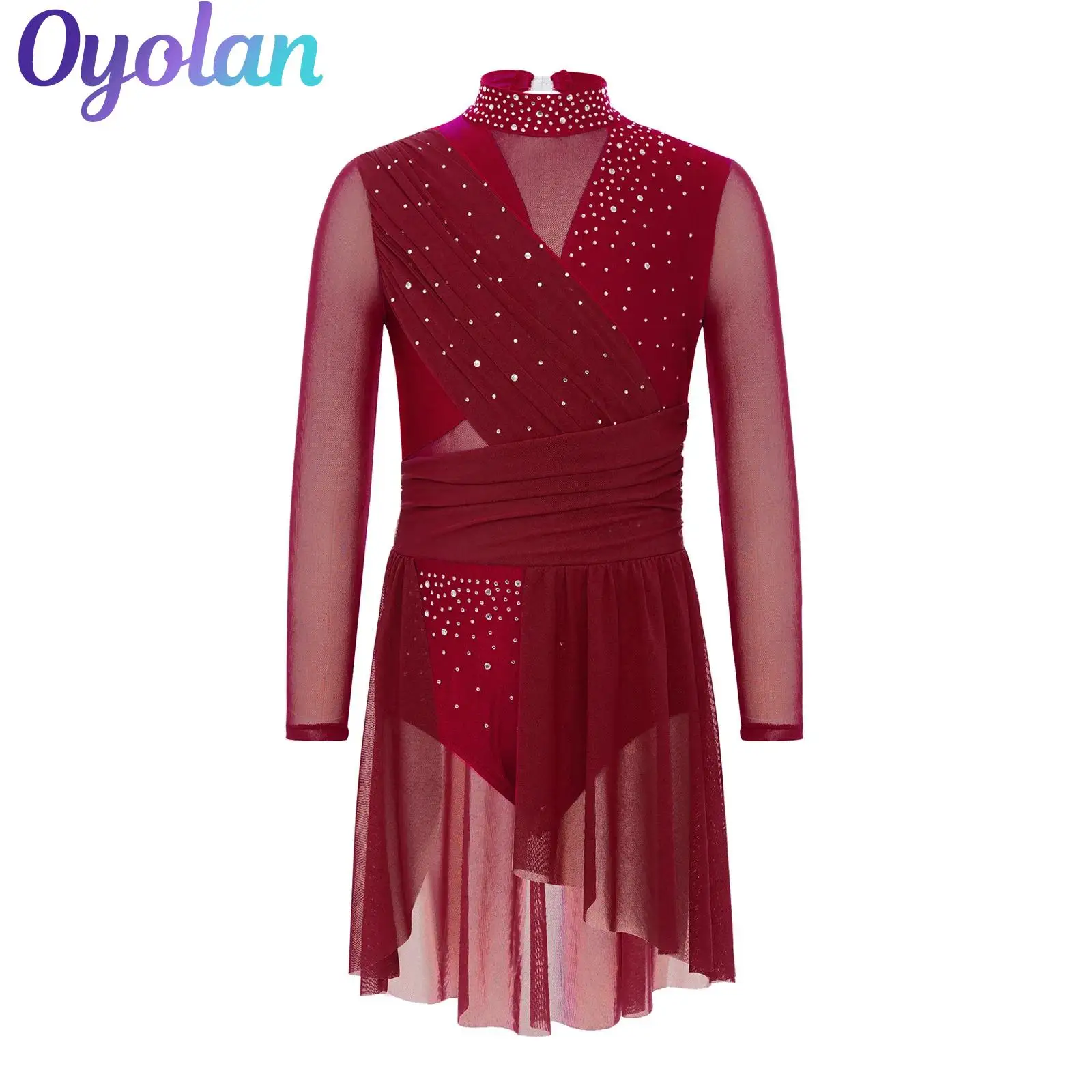 

Kids Girls Shiny Rhinestone Figure Skating Ruched Ballet Jersey Lyrical Classical Dance Leotards Dress Performance Costume