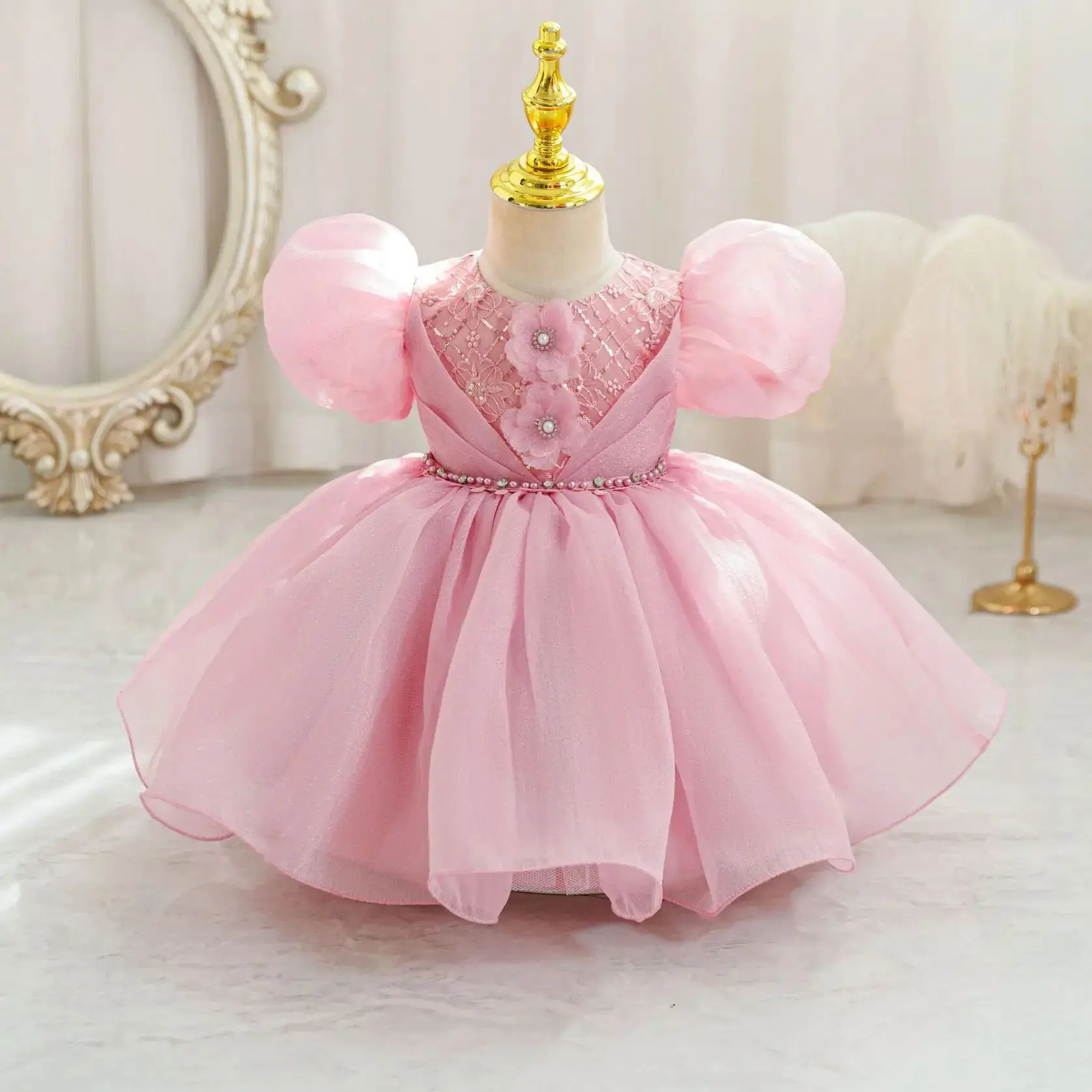 HETISO Baby Girl Party Dress Beading Flower Appliques Kids Wedding Birthday Ball Gown for Puffy Tutu Mesh Christmas Wear