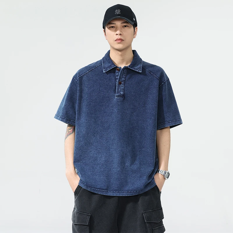 

Men Summer Streetwear Outdoor Fashion Knitted Denim Loose Casual Plus Size Short Sleeve Polo Shirt Cityboy T-shirts Man T Shirts