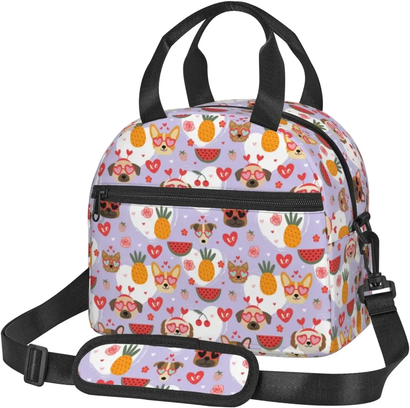 

Фиолетовая сумка для обеда Valentine Dogs Love Heart с регулируемым плечевым ремнем для женщин и мужчин, многоразовая сумка-холодильник для обеда