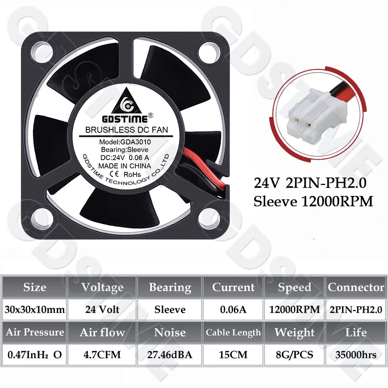GDSTIME 3010 Lüfter 24V Kugellager Bürstenloser Lüfter 30x10MM 12V 5V Kühllüfter 30MM Mikrolüfter für Autolampe, 3D-Drucker-Kühlung