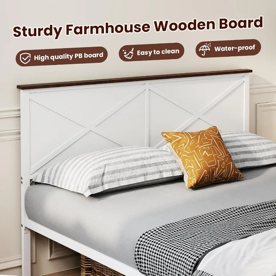 إطار سرير كوين للمزرعة مع لوح أمامي ولوح للقدمين، منصة معدنية بحجم كوين مع تخزين تحت السرير بدون ضوضاء