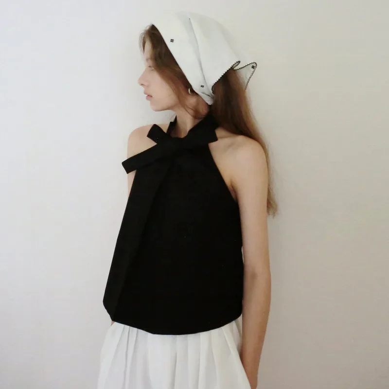 

2023 Summer New Tied Bow Tie Sleeveless Vest Black Women Tops